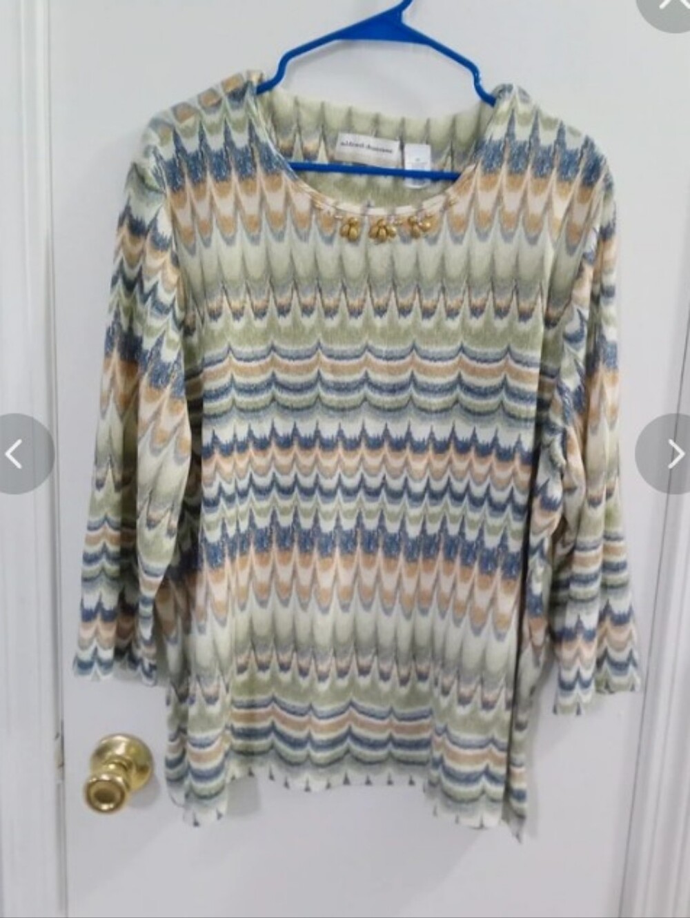 Alfred Dunner Sz 2X Multicolor Chevron Crewneck Tunic— Cream, Blue, Green, Tan